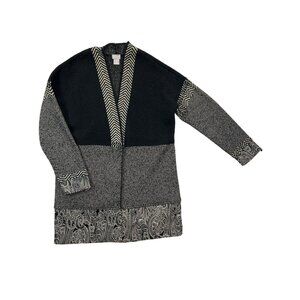 Chicos Cardigan Sweater Duster‎ Womens Medium Black Beige Paisley Trim